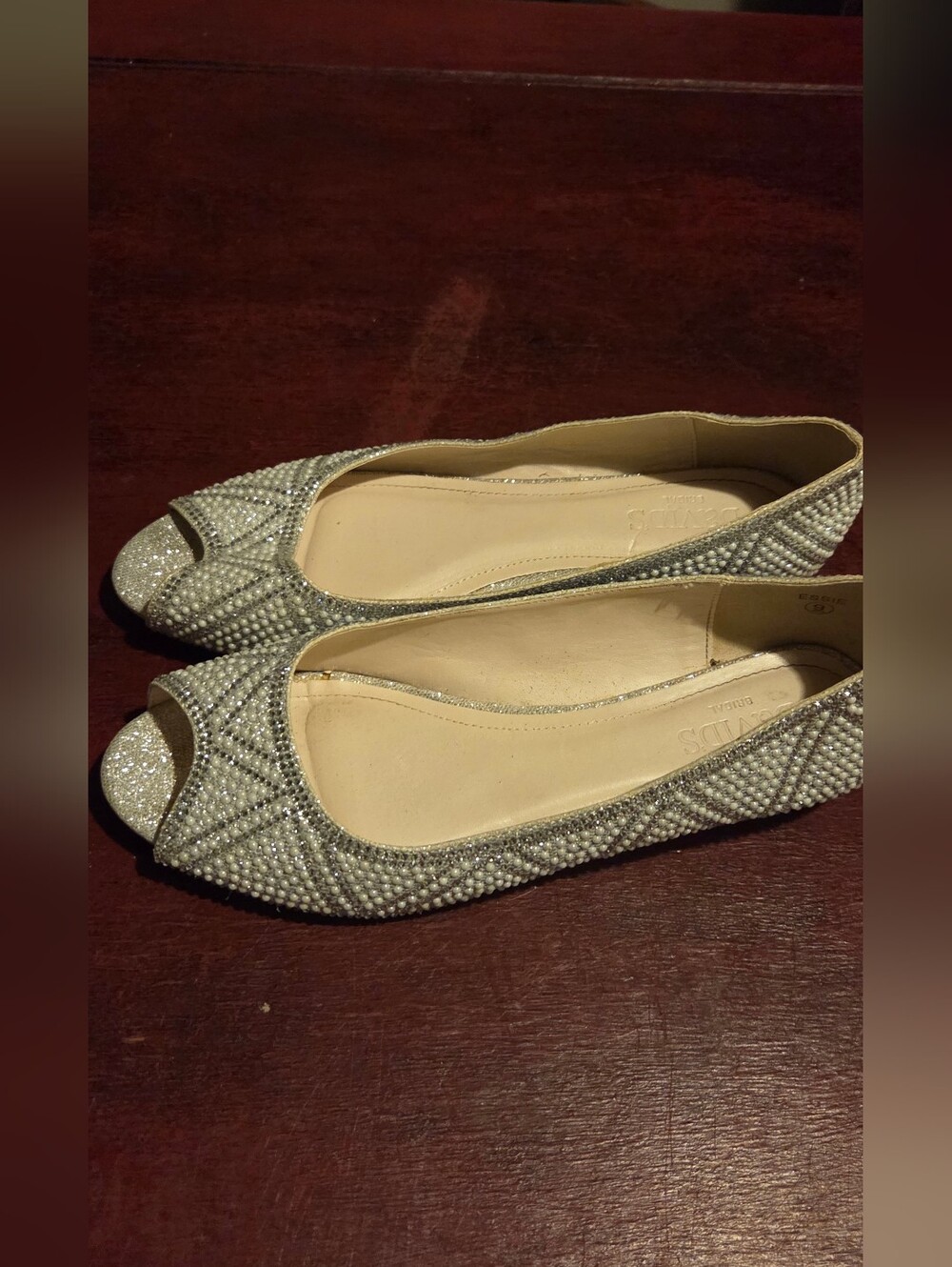 Studded Pearl And Crystal Peep Toe Flat David Bridal Flat  Shoes Size 9
